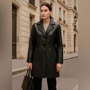 Jones New York Black Genuine Leather Lined Coat with 3-Button Closure, Large